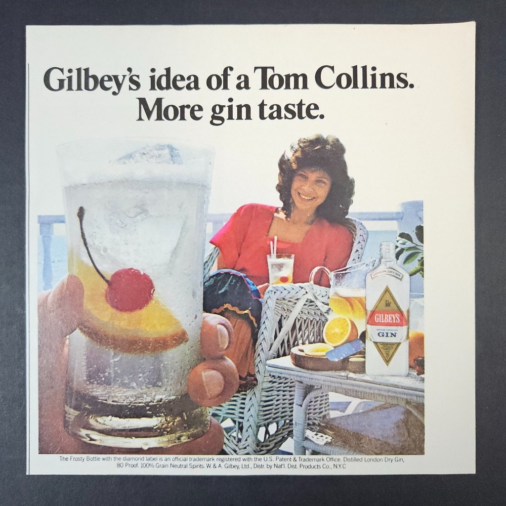 1983 Gilbeys Distilled London Dry Gin Tom Collins Vintage Print Ad Frosty Bottle
